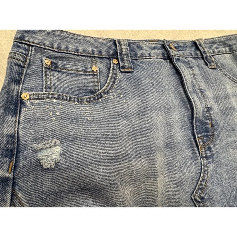Seven7 Womens Blue Denim Mini Skirt Rhinestone Distressed Raw Hem Size 12 - Picture 3 of 9